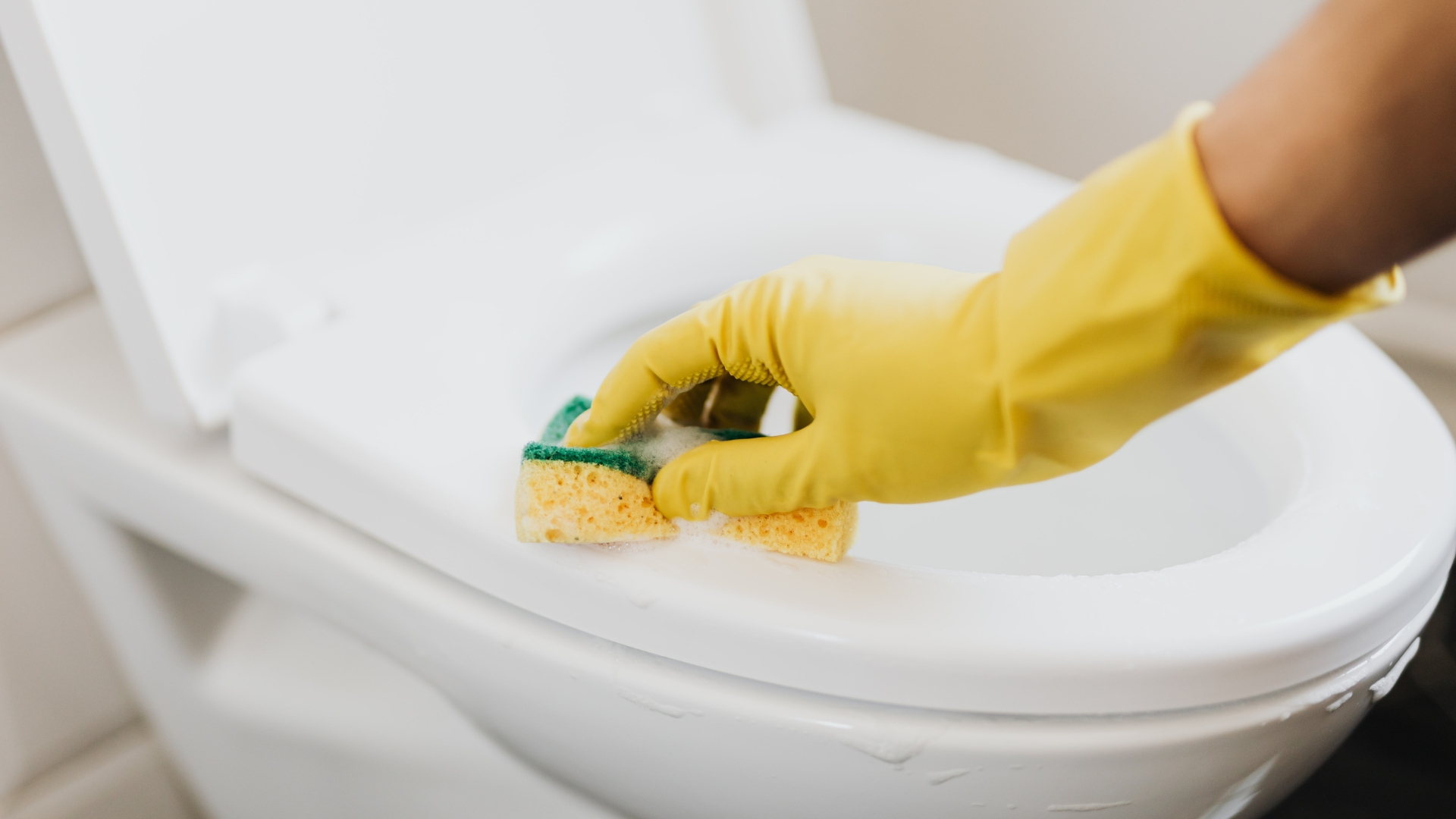 A person cleaning a toilet with a sponge